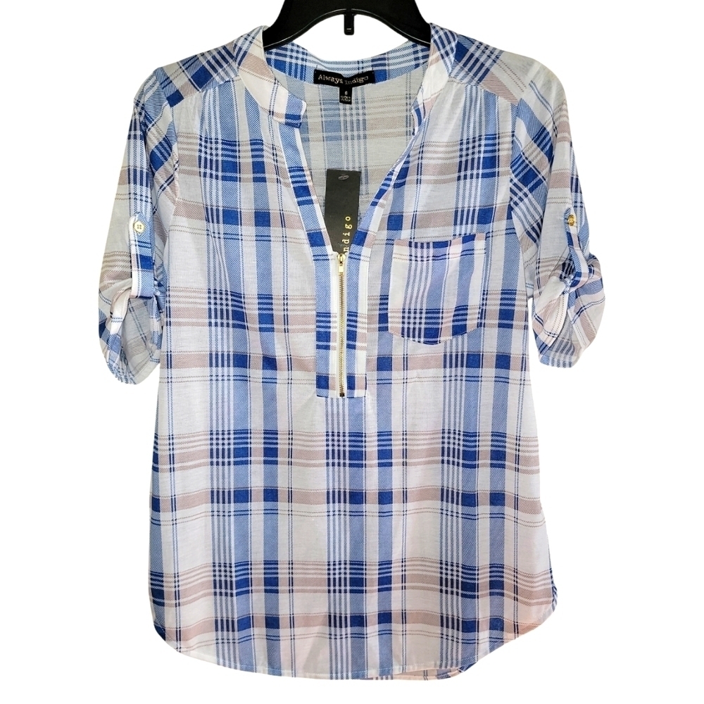 Always Indigo size small Blue Plaid Women's Top